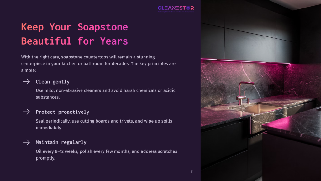 11 Keep Your Soapstone Beautiful For Years A Modern Kitchen Featuring Soapstone Countertops With A Sink And Dark Cabinetry, Accented By Purple Lighting. Tips For Cleaning Are Displayed.