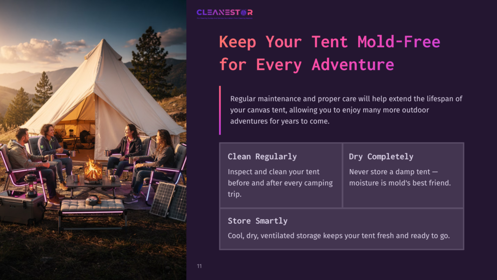 11 Keep Your Tent Mold Free For Every Adventure A Group Of Four People Relax Near A Large Canvas Tent In A Forest Setting, Discussing Tent Care With Tools And Gear Nearby.