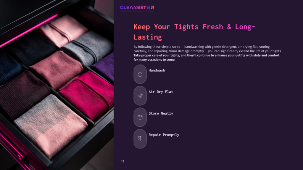 A Neatly Organized Drawer Filled With Folded Tights In Various Colors Like Pink, Purple, And Grey, Alongside Instructions For Keeping Tights Fresh: Handwash, Air Dry, And Store Neatly.