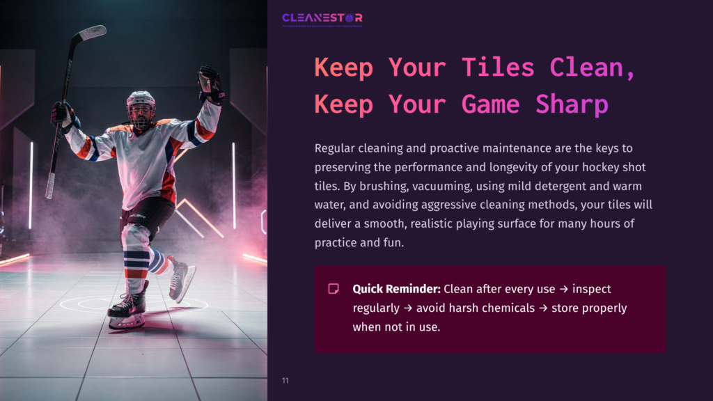 11 Keep Your Tiles Clean Keep Your Game Sharp A Hockey Player In Full Gear Triumphantly Raises His Stick And Helmet In A Brightly Lit Arena With Pink And Blue Neon Lights, Celebrating A Win.