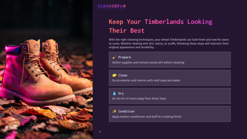 Close-Up Of Two Tan Timberland Boots Resting On A Bed Of Fallen Autumn Leaves, With Text Overlay Advising On How To Keep Timberlands Looking Their Best.