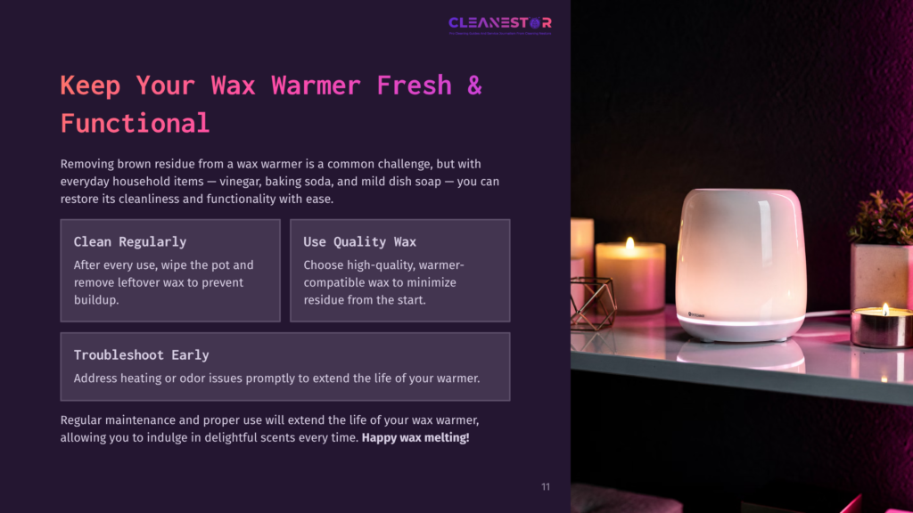 A Modern Wax Warmer On A Countertop With Soft Candlelight, Accompanied By Cleaning Tips In A Dark-Themed Layout.