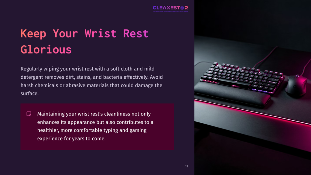 A Dark Workspace Featuring A Sleek Gaming Keyboard And Wrist Rest With Subtle Pink Lighting, Alongside Cleaning Tips In Vibrant Text.