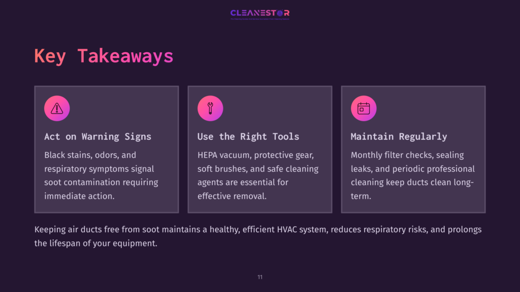 Three Visually Distinct Panels With Contrasting Backgrounds. Key Points On Cleaning Soot From Air Ducts Highlighted In White Text.