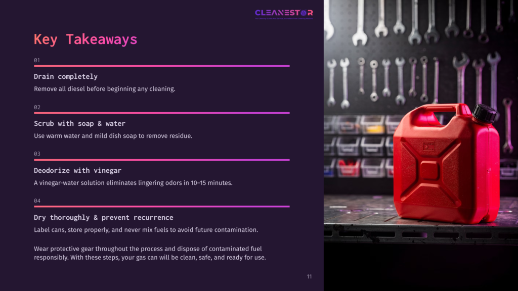 A Red Gas Can Sits On A Workbench With Tools In The Background, Accompanied By Cleaning Instructions In A Purple Layout.