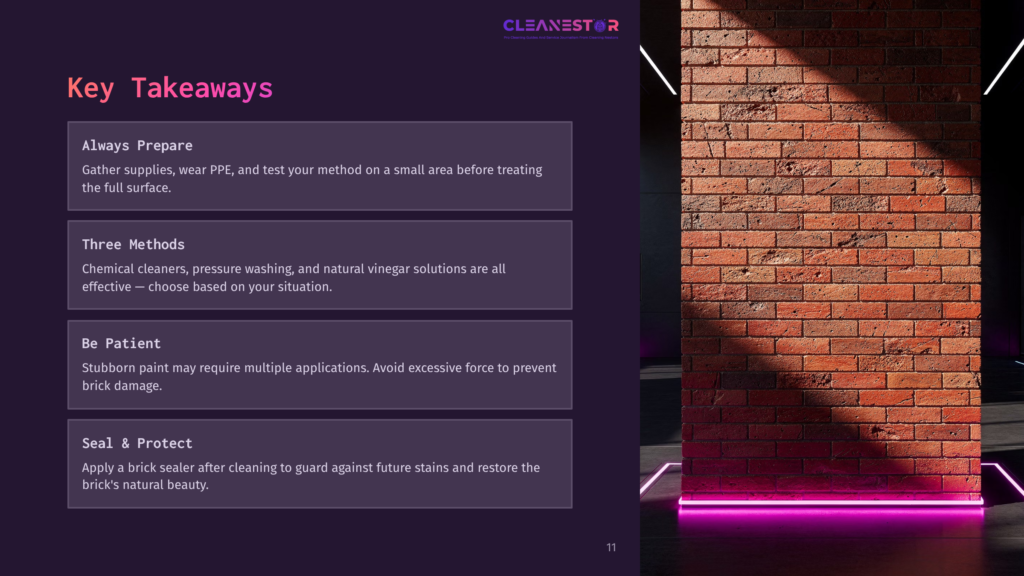 A Brick Wall With Pink Ambient Lighting, Accompanied By Key Cleaning Tips In A Dark Purple Layout.