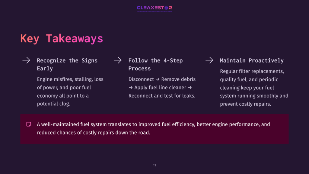 Bullet Points Outlining Key Takeaways On Fuel Line Maintenance, With Arrows Indicating Steps And A Dark Purple Background For Emphasis.