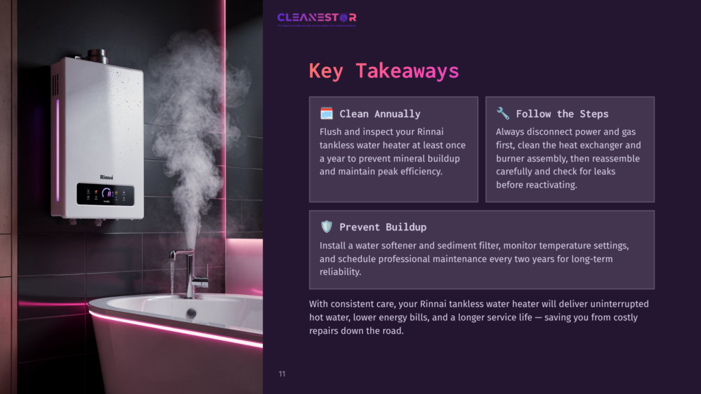 A Modern Rinnai Tankless Water Heater Mounted On A Wall, With Steam Rising, Alongside Key Takeaways In A Dark Purple Layout.