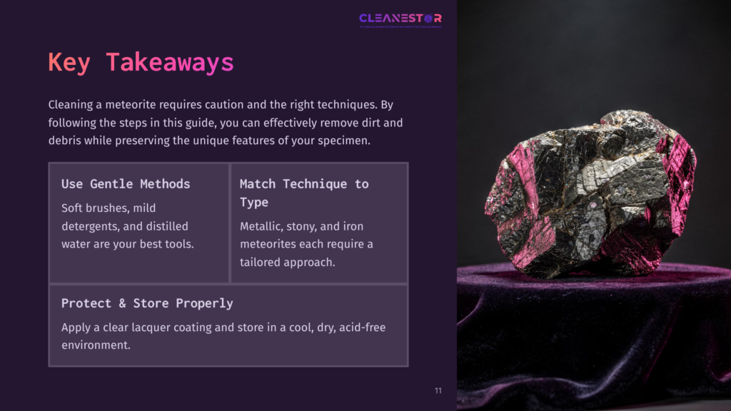 A Large, Dark Meteorite With Shiny Metallic Fragments Sits On A Purple Velvet Surface, Alongside Key Cleaning Tips In White Text.