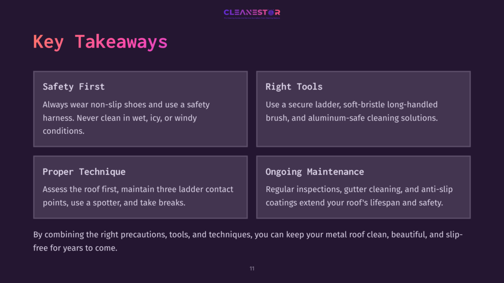 Text Box Layout With Purple Background Highlights Safety Tips, Tools, Techniques, And Maintenance For Cleaning Metal Roofs.
