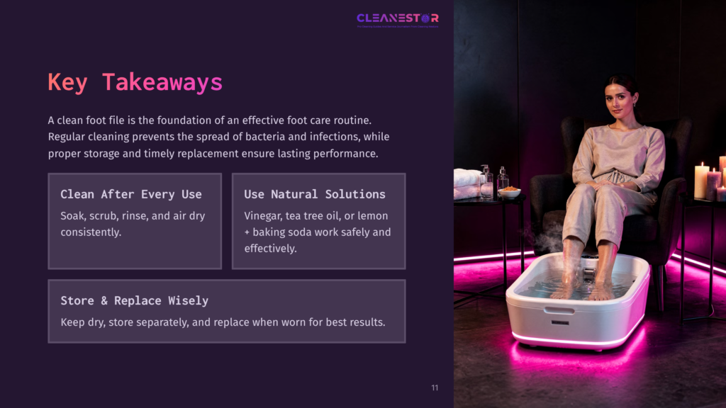 A Woman Sits Beside A Foot Bath, While A List Of Cleaning Tips Is Displayed On The Left, With Pink Lighting Enhancing The Spa-Like Atmosphere.