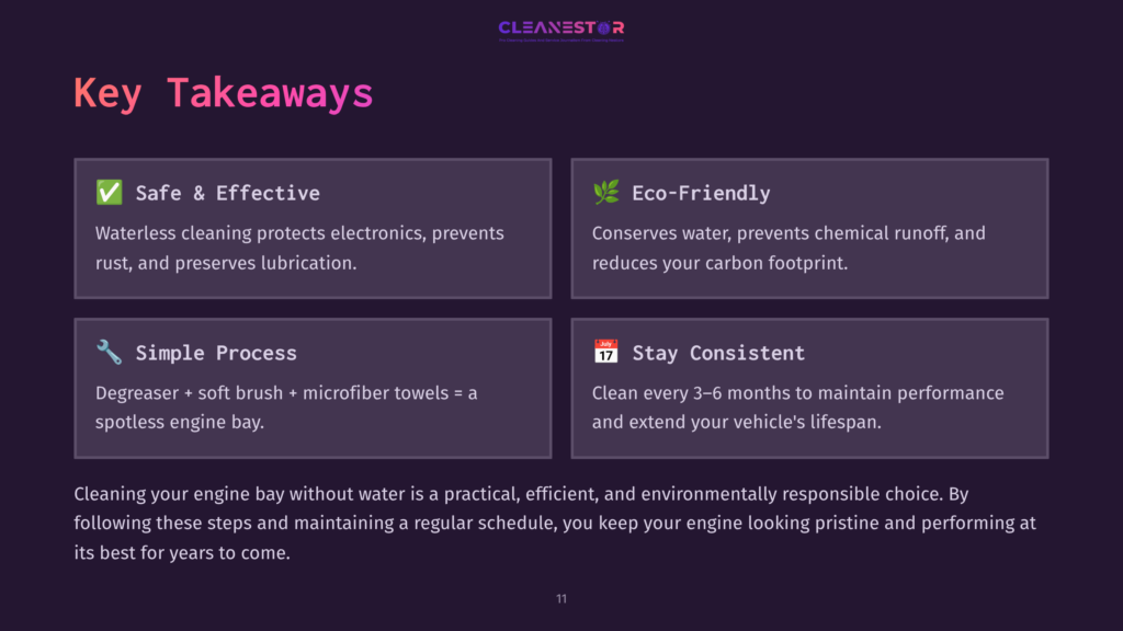 Key Takeaways Slide From Cleanestor Detailing Benefits Of Waterless Engine Bay Cleaning: Safe &Amp; Effective, Eco-Friendly, Simple Process, Stay Consistent. Text Highlights Include &Quot;Waterless Cleaning Protects Electronics,&Quot; &Quot;Conserves Water, Prevents Chemical Runoff,&Quot; &Quot;Degreaser + Soft Brush + Microfiber Towels,&Quot; And &Quot;Clean Every 3-6 Months.