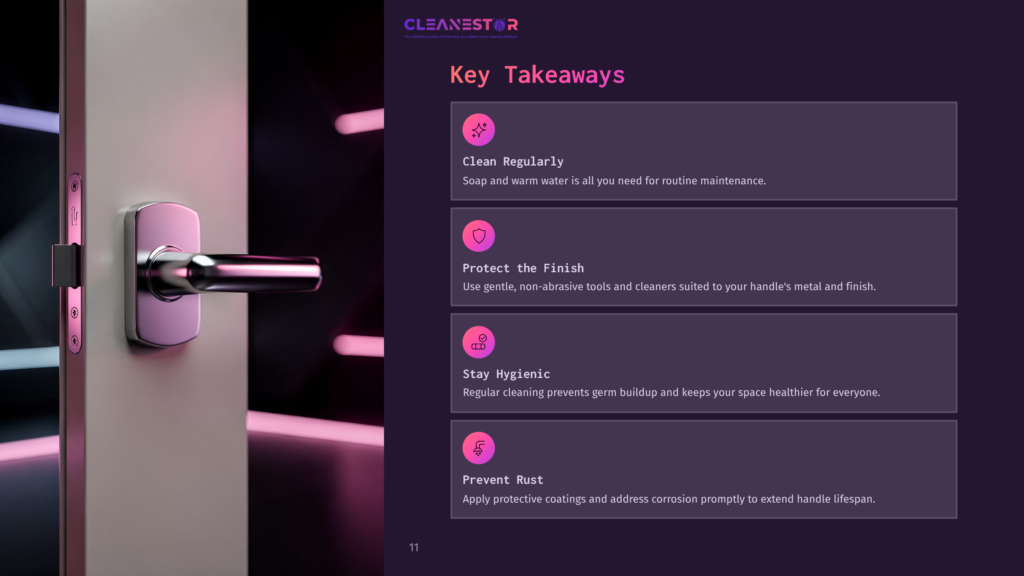 A Modern Metal Door Handle On A Sleek Door With A Purple And Pink Gradient Background Featuring A List Of Cleaning Tips And Key Takeaways.