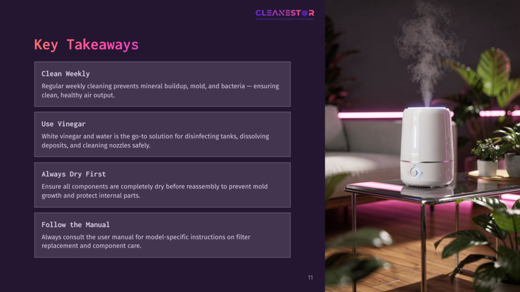 11 Key Takeaways 20 A White Humidifier With A Blue Light Emits Mist In A Modern Living Room. The Humidifier Sits On A Glass-Top Table Next To A Plant, With A Couch And Purple Lighting In The Background. Text Overlay Reads &Quot;Cleanestar&Quot;.