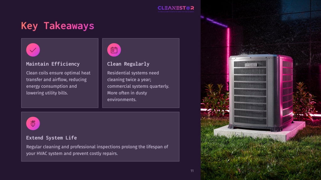 11 Key Takeaways 22 An Outdoor Hvac Unit Sits On A Concrete Pad In A Grassy Yard, Illuminated By Vibrant Pink Neon Lights. Text Overlays Highlight Key Takeaways: &Quot;Maintain Efficiency,&Quot; &Quot;Clean Regularly,&Quot; And &Quot;Extend System Life.