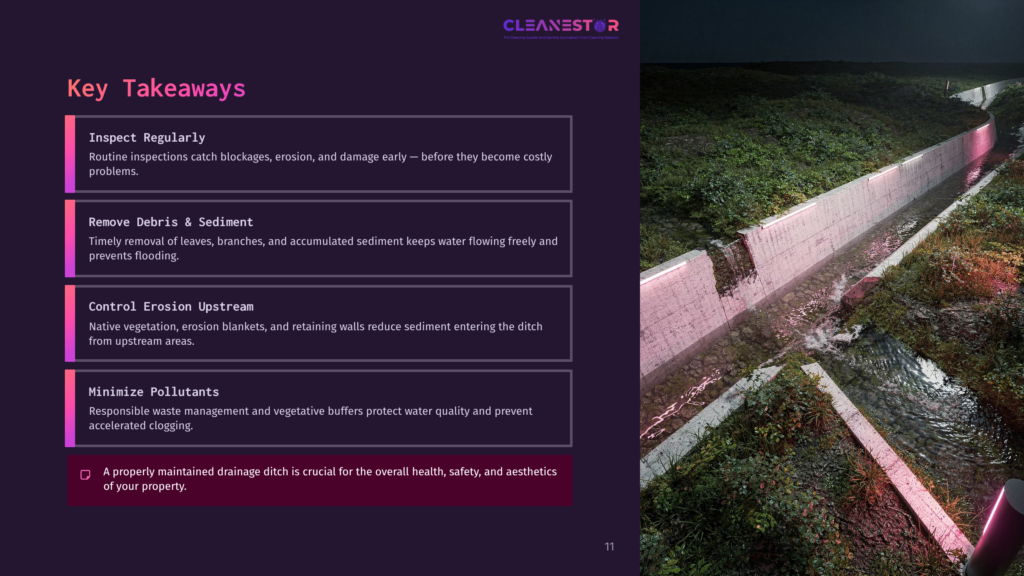 11 Key Takeaways 27 A Well-Maintained Concrete Drainage Ditch With Flowing Water, Bordered By Lush Green Vegetation And Plants. Text Overlay Highlights &Quot;Cleanestor&Quot; And Key Takeaways For Ditch Maintenance.