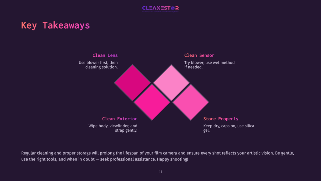 Diamond-Shaped Graphic With Key Cleaning Tips For Film Cameras In Pink And Purple, Featuring Bold Text On Lens Care, Sensor Cleaning, And Storage.