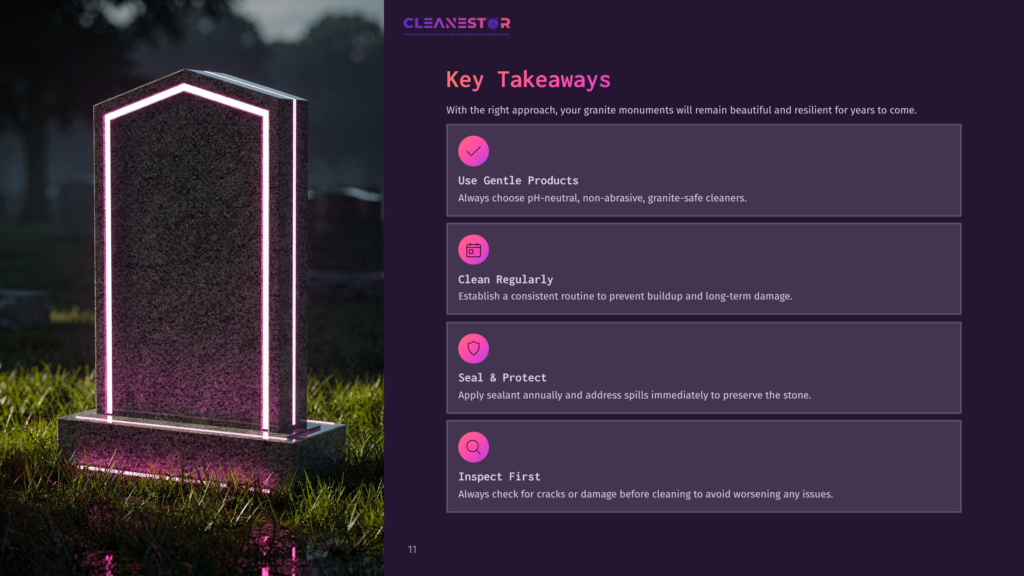 Granite Monument With A Glowing Outline, Set In A Grassy Area, Accompanied By Key Cleaning Tips In A Pink And Purple Layout.