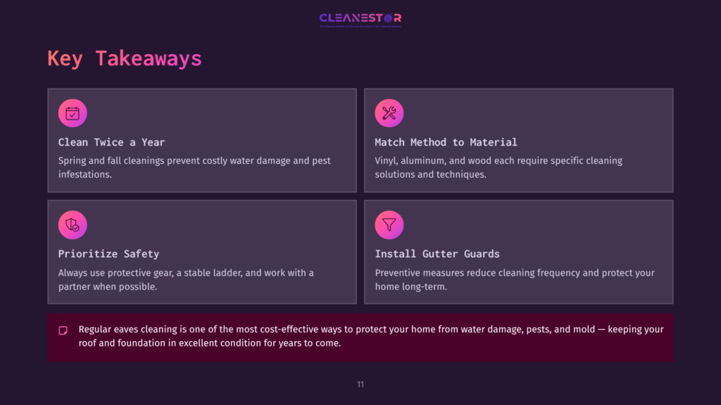 Four Informational Boxes With Pink Icons On A Dark Purple Background, Summarizing Tips On Eaves Cleaning, Safety, And Maintenance.