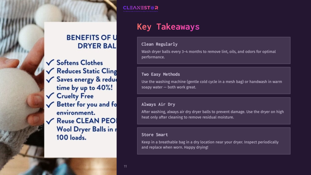 A Close-Up View Of Dryer Balls With A Colorful Background Displaying Tips On Cleaning And Maintaining Them.