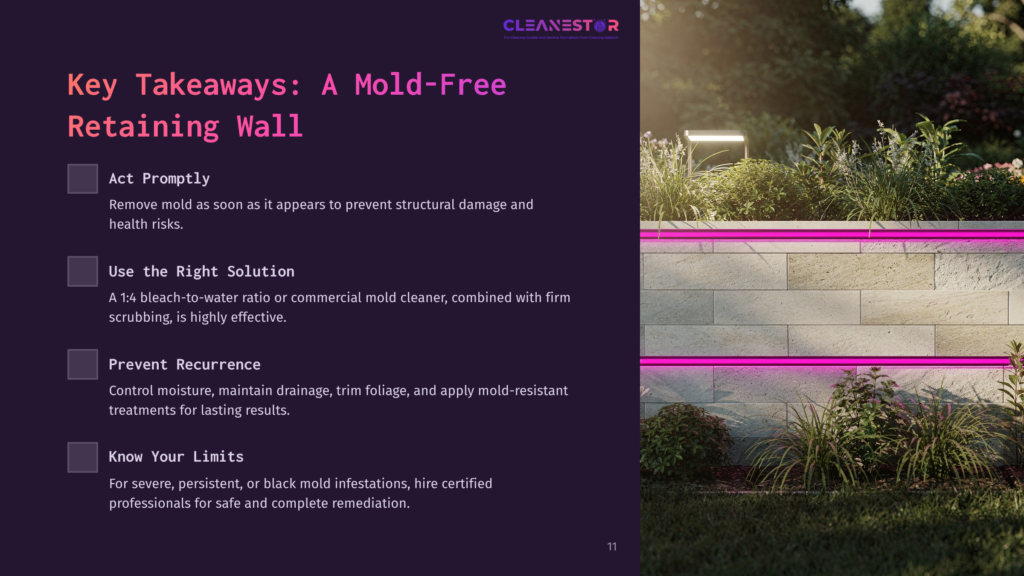 Visual Summary With A Dark Purple Background, Highlighting Key Tips For Cleaning Mold Off A Stone Retaining Wall With Pink Lighting.