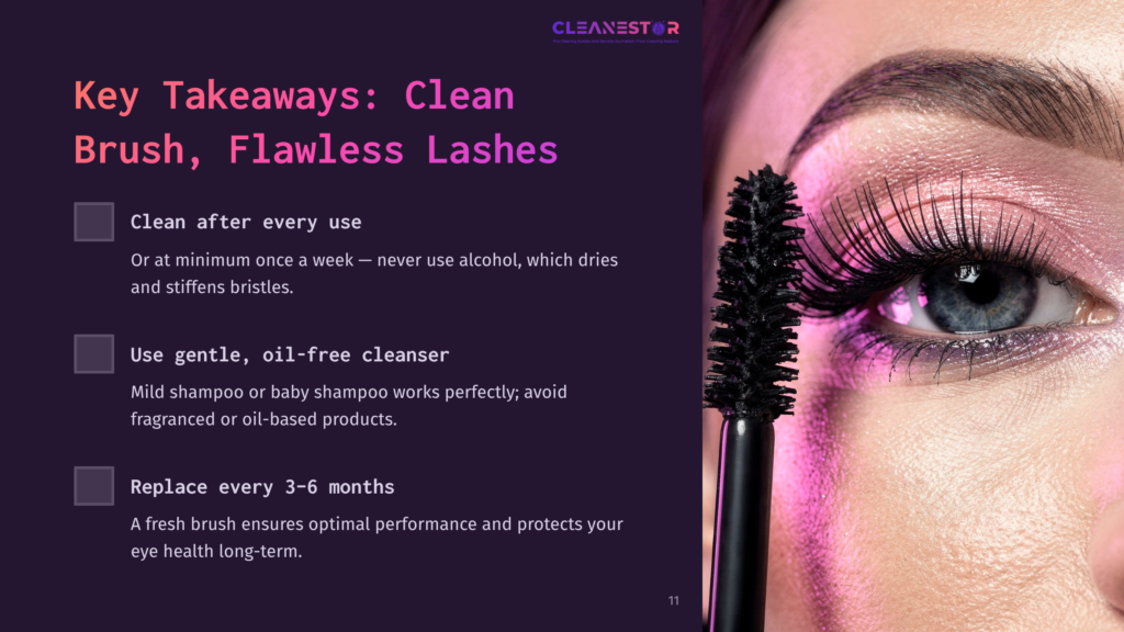 Close-Up Of A Woman'S Eye With Dramatic, Flawless Lashes Enhanced By A Black Mascara Wand. Text Overlay &Quot;Key Takeaways: Clean Brush, Flawless Lashes&Quot; And Tips For Lash Care.