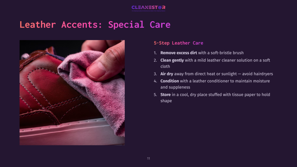 Close-Up Of A Hand Cleaning A Burgundy Leather Shoe With A Soft Cloth, Accompanied By Care Instructions In A Dark Purple Layout.
