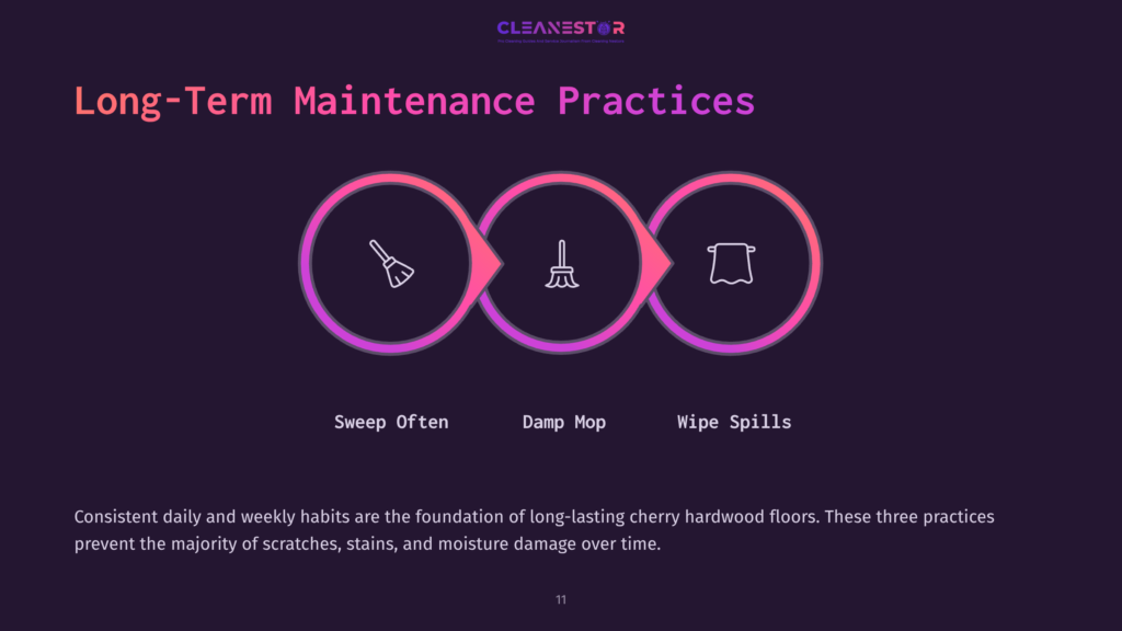 Three Pink Outlined Circles Illustrate Maintenance Tips: A Broom For Sweeping, A Mop For Damp Cleaning, And A Cloth For Wiping Spills.