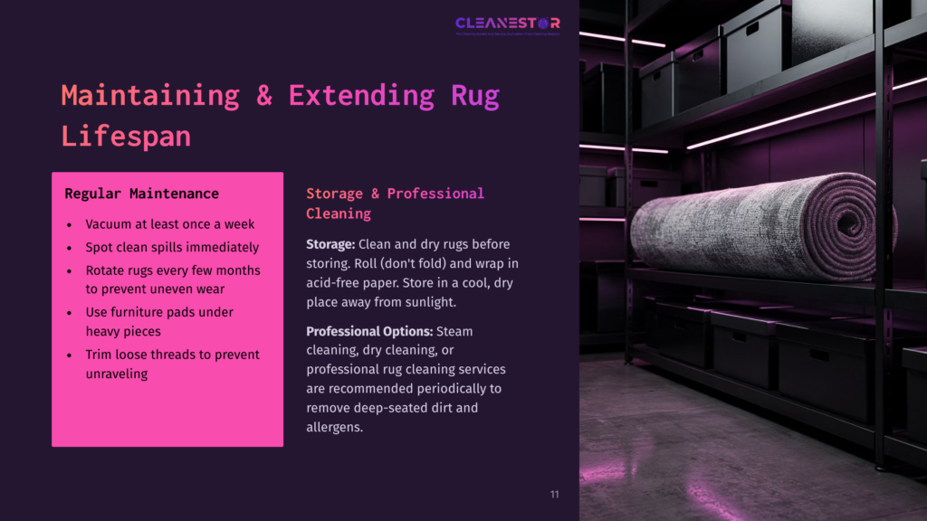 A Neatly Rolled Area Rug On A Shelf In A Dimly Lit Space, With Purple And Black Accents And Storage Tips Listed Alongside.