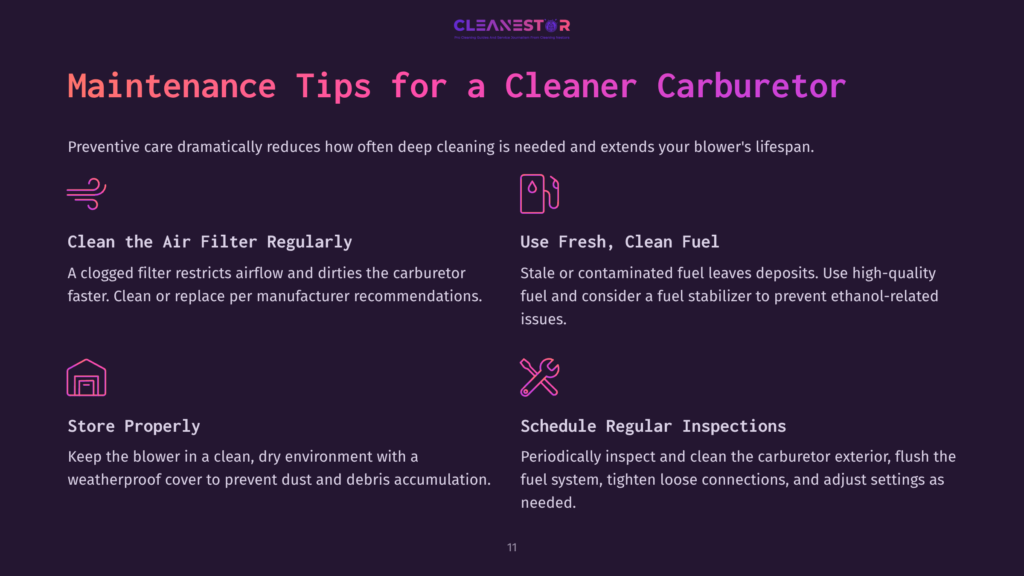 Purple Background With White And Pink Text Listing Maintenance Tips For A Leaf Blower Carburetor, Featuring Icons For Each Tip.