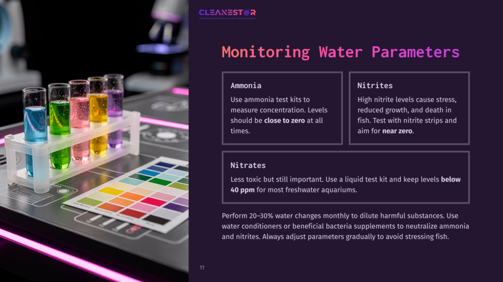 Colorful Test Tubes Filled With Liquids Sit On A Test Strip. A Color Chart Is Displayed Below, With Instructions On Monitoring Water Quality.