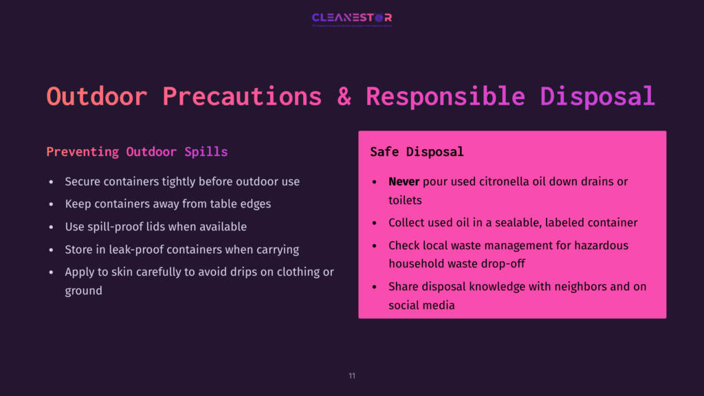 11 Outdoor Precautions And Responsible Disposal Cleanestor Logo Above Text Detailing Outdoor Precautions And Responsible Disposal Of Citronella Oil, Including Safe Disposal Methods And Preventing Outdoor Spills.