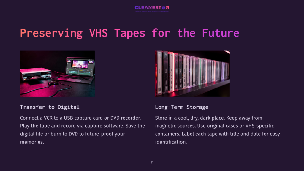 11 Preserving Vhs Tapes For The Future Preserving Vhs Tapes For The Future: A Vcr And Laptop With Editing Software On One Side, And A Shelf Of Vhs Tapes In Cases On The Other, Illustrating Digital Transfer And Long-Term Storage Solutions.