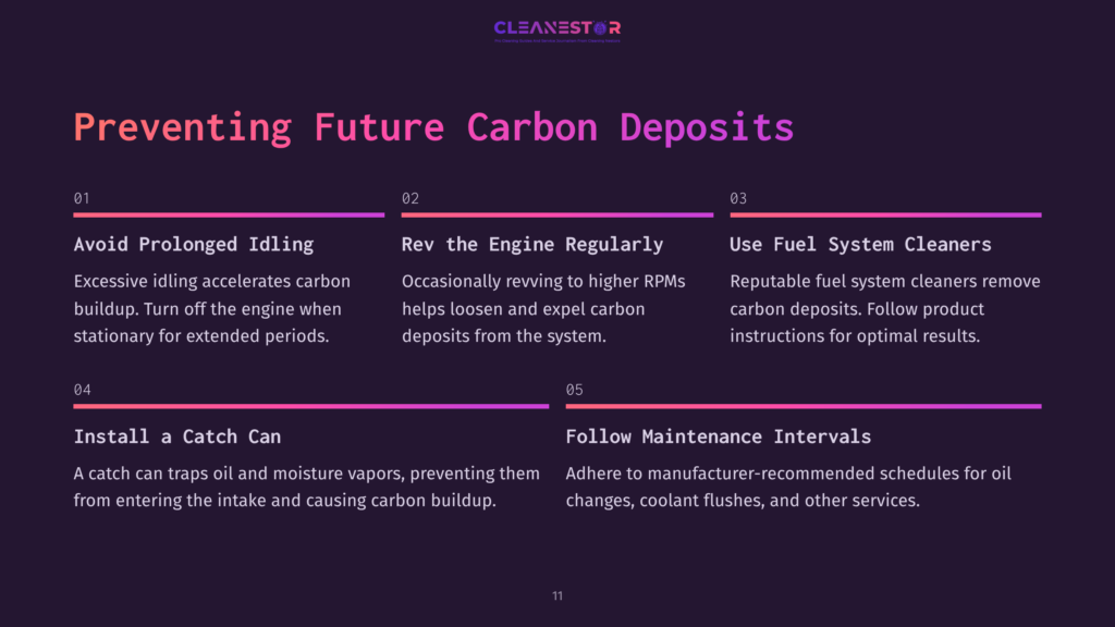 Text-Heavy Graphic With Purple Background, Listing Four Tips To Prevent Carbon Deposits: Avoid Prolonged Idling, Rev Engine, Use Fuel System Cleaners, And Install A Catch Can.