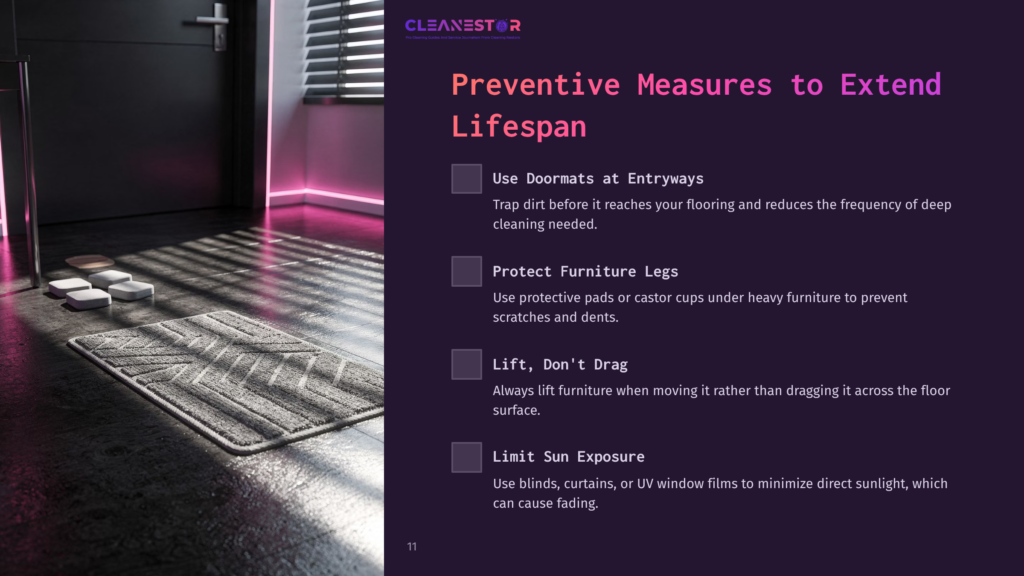 A Dark, Glossy Floor With A Textured Rug At The Entryway, Accompanied By A List Of Tips In Purple And White Text Against A Contrasting Background.