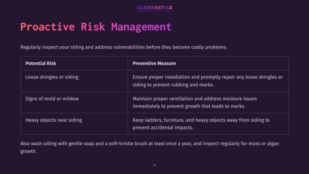 Table Outlining Proactive Risk Management For Home Siding, Detailing Potential Risks Like Loose Shingles And Mold, With Corresponding Preventive Measures.
