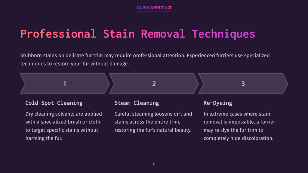 Infographic Outlining Three Professional Cleaning Techniques For Fur Trim: Cold Spot Cleaning, Steam Cleaning, And Re-Dyeing Methods.