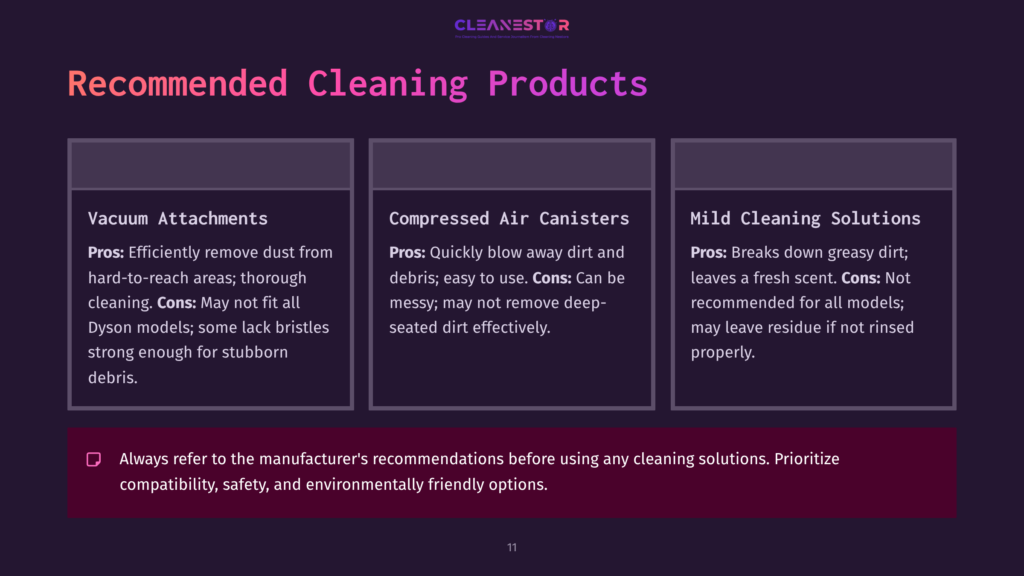 Three Product Recommendations For Cleaning Dyson Cyclones: Vacuum Attachments, Compressed Air Canisters, And Mild Cleaning Solutions, With Pros And Cons Listed.