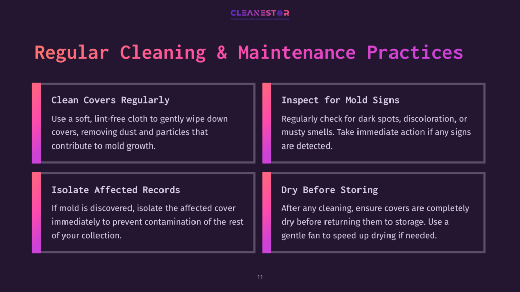 Four Colorful Text Boxes On A Dark Background, Detailing Steps For Cleaning And Maintaining Record Covers, With Bold Headings In Purple.