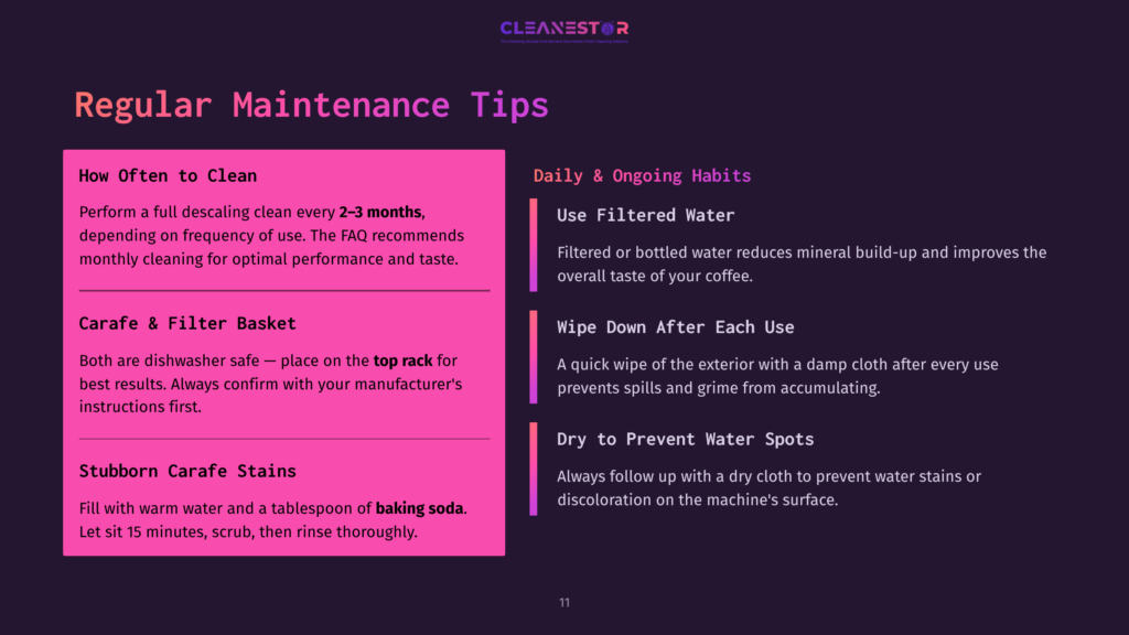 A Dark Purple Background Displays A Graphic With The Title &Quot;Regular Maintenance Tips&Quot; And Sections On &Quot;How Often To Clean,&Quot; &Quot;Carafe &Amp; Filter Basket,&Quot; &Quot;Stubborn Carafe Stains,&Quot; And &Quot;Daily &Amp; Ongoing Habits&Quot; With Bullet Points And Text In White And Pink.