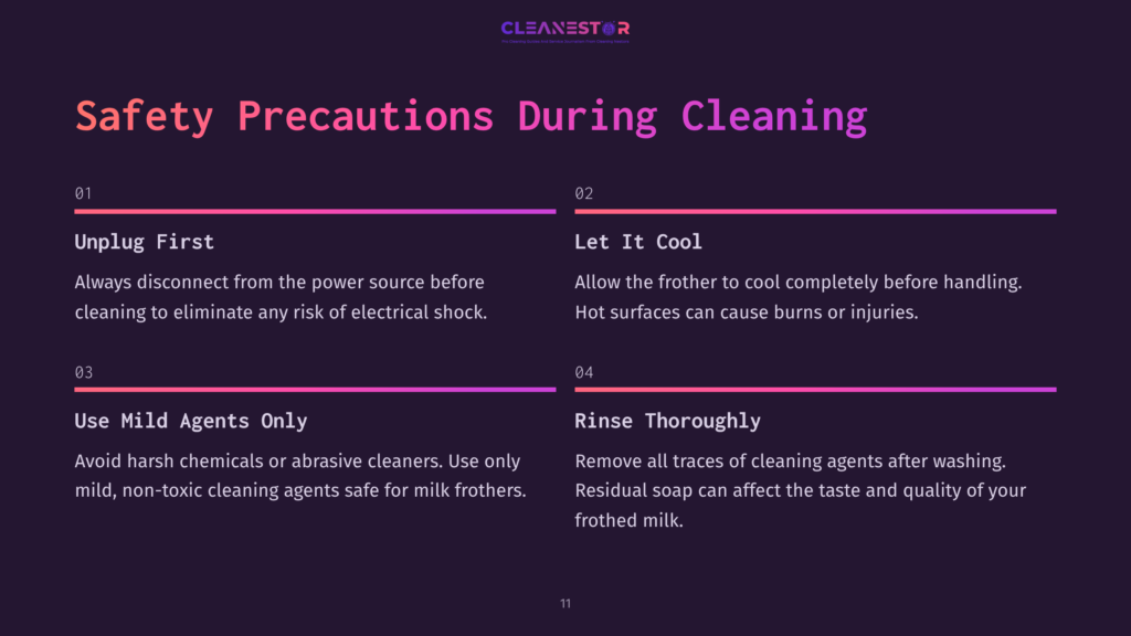 11 Safety Precautions During Cleaning Safety Precautions During Cleaning: Unplug First, Let It Cool, Use Mild Agents, Rinse Thoroughly. Text On Dark Purple Background With Purple And Pink Accent Lines.