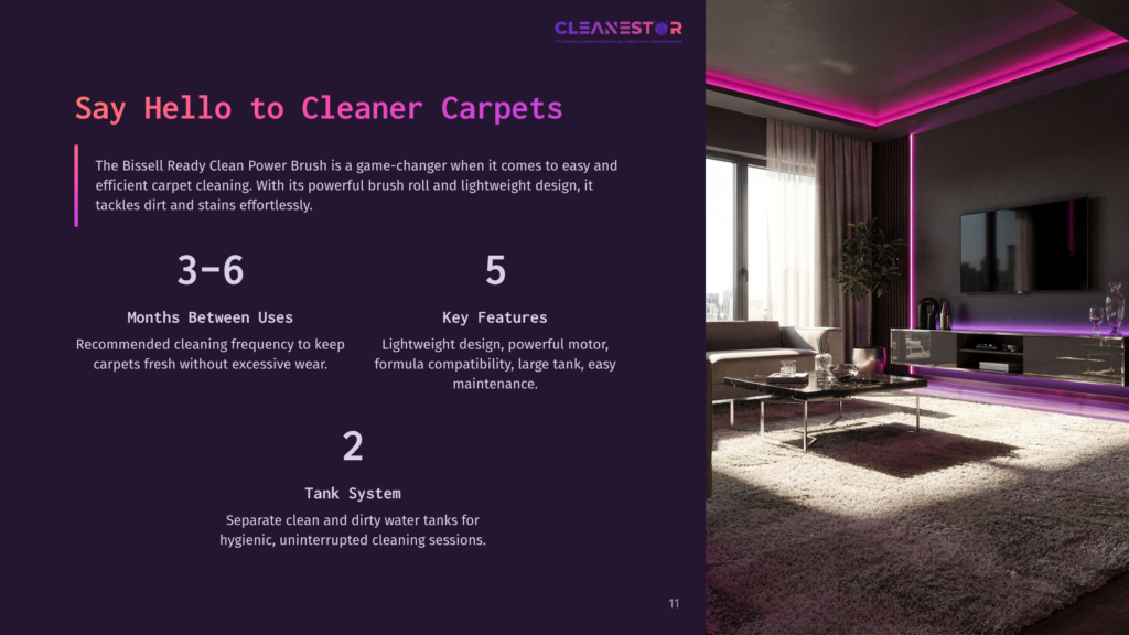 Modern Living Room With Plush Shag Carpet, A Sleek Entertainment Center, And Ambient Neon Pink Lighting. Text Overlay Promotes Bissell Ready Clean Power Brush For Effective Carpet Cleaning.
