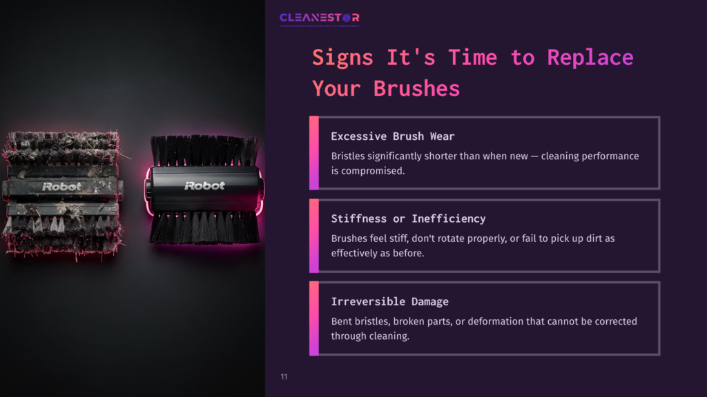 Two Robot Vacuum Cleaner Brushes: One Worn And Dirty, The Other New And Clean, Illustrating Signs It'S Time To Replace Your Robot Vacuum Brushes.