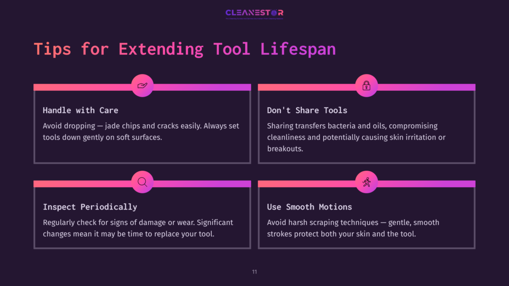 Four Colorful Boxes With Tips On Care For Jade Rollers And Gua Sha Tools, Featuring Contrasting Backgrounds And Clear, Concise Text.