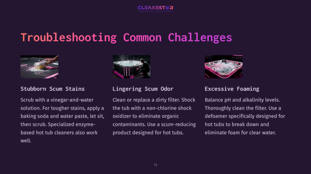 Guidelines For Troubleshooting Hot Tub Issues, Including Stain Removal, Odor Control, And Excessive Foaming, On A Dark Purple Background.
