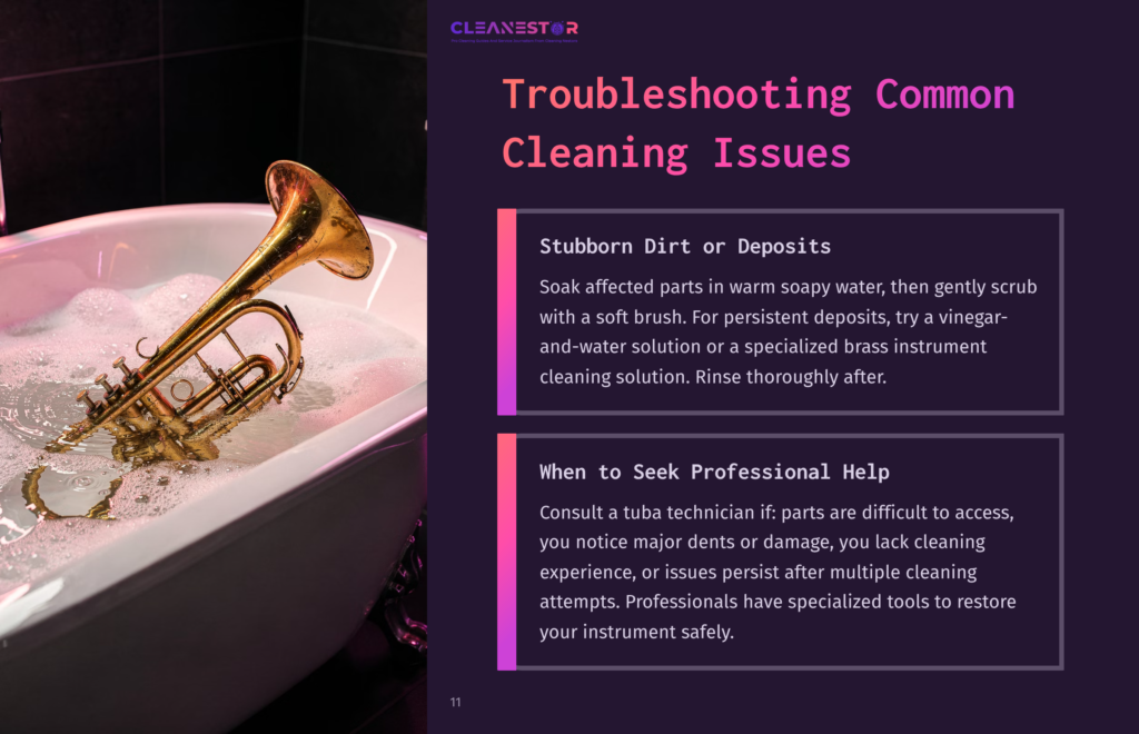 A Gold Tuba Submerged In Soapy Water, Surrounded By A Dark Purple Background And Text Outlining Cleaning Tips In White And Pink.