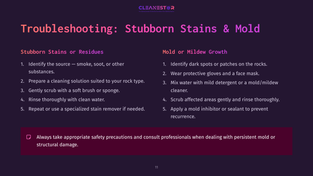 Guidelines For Cleaning A Stone Fireplace, Detailing Steps For Removing Stains And Mold, With Headings And Bullet Points In A Dark Theme.