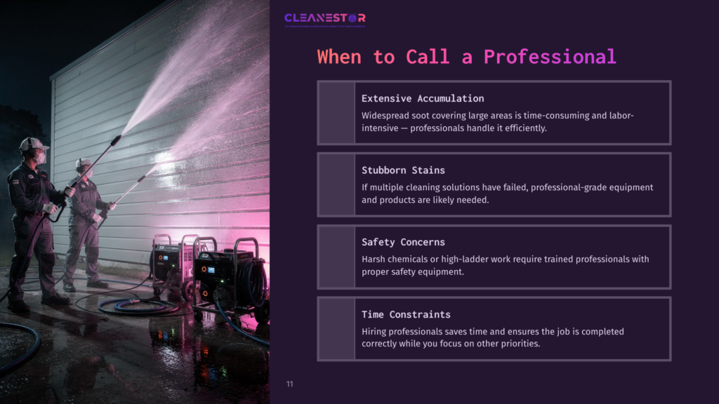 Two Professionals In Safety Gear Use Pressure Washers On A Vinyl Siding Surface, With Text Boxes Outlining Reasons To Hire Experts.