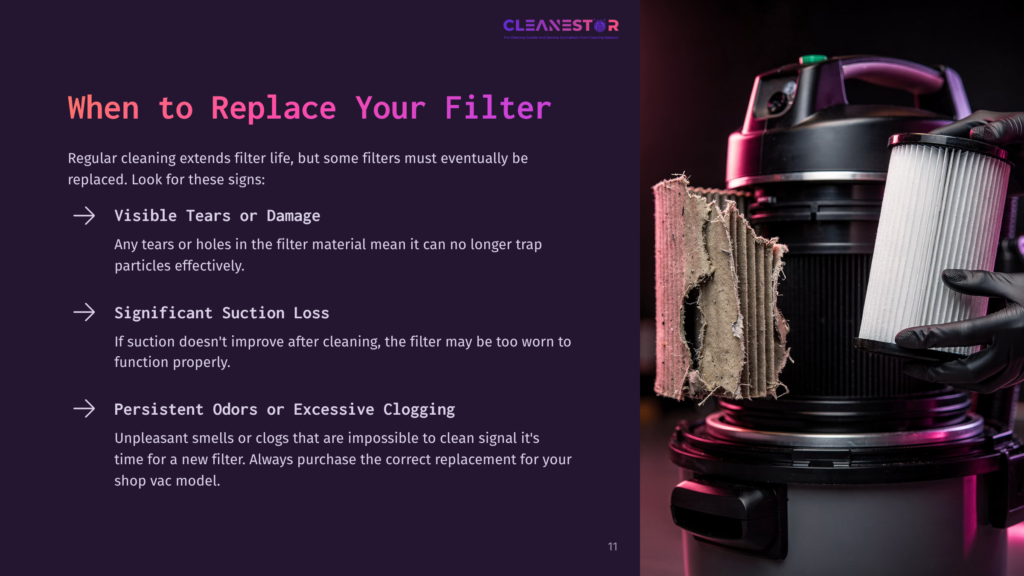 11 When To Replace Your Filter A Gloved Hand Holds A Dirty, Torn Vacuum Cleaner Filter Next To A Black Vacuum Cleaner, Illustrating The Need To Replace Your Filter.