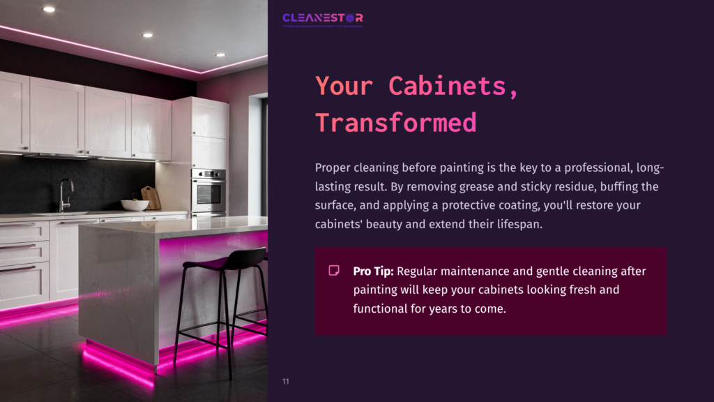 Modern Kitchen With White Cabinets, Pink Accent Lighting, And A Sleek Dark Countertop. A Tip About Cabinet Maintenance Is Highlighted.